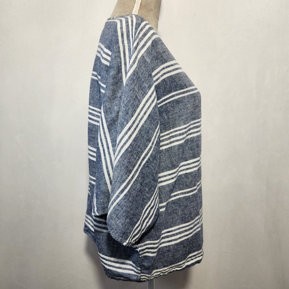 Beach Lunch Lounge Size Large Blue White Linen Blend Boxy Striped Side Tie Top - Picture 8 of 13